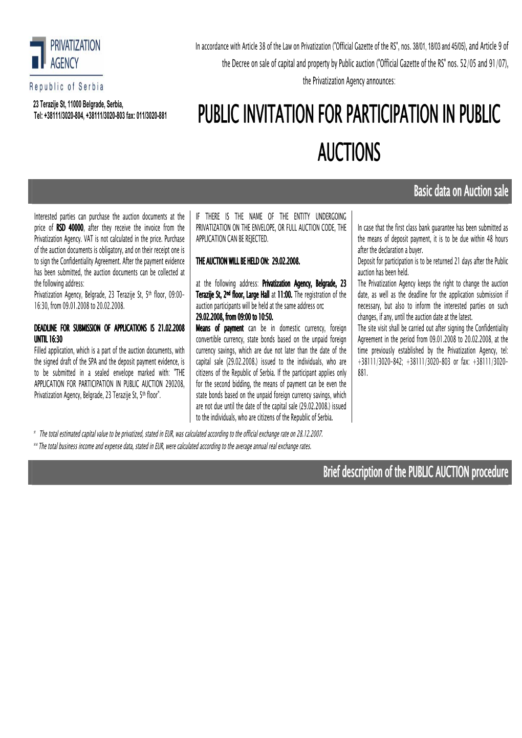 Public Invitation for Participation in Public Auctions