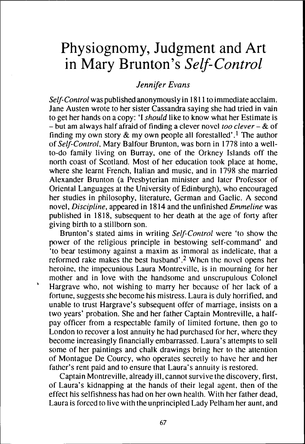 Physiognomy, Judgment and Art in Mary Brunton's Self-Control