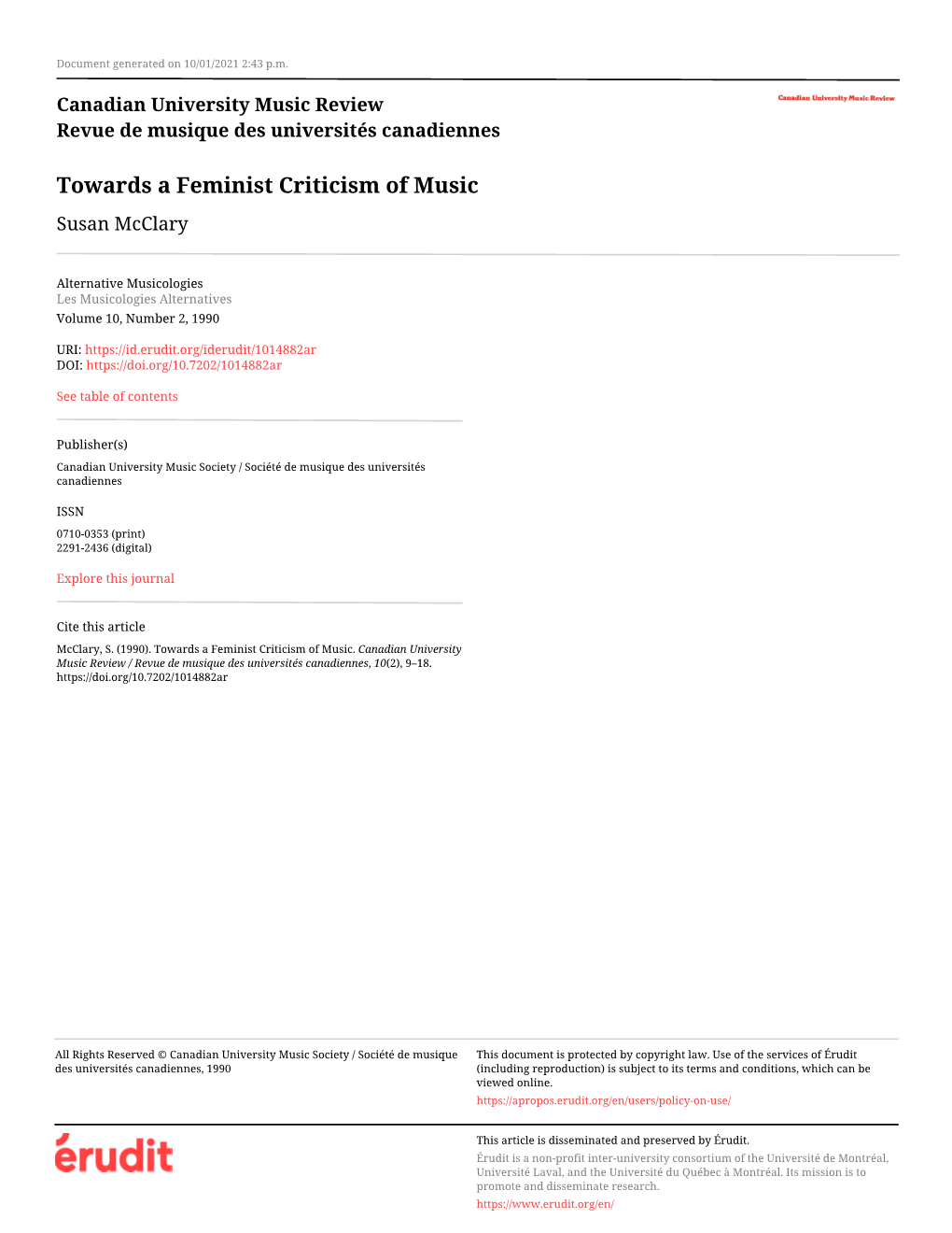 Towards a Feminist Criticism of Music Susan Mcclary