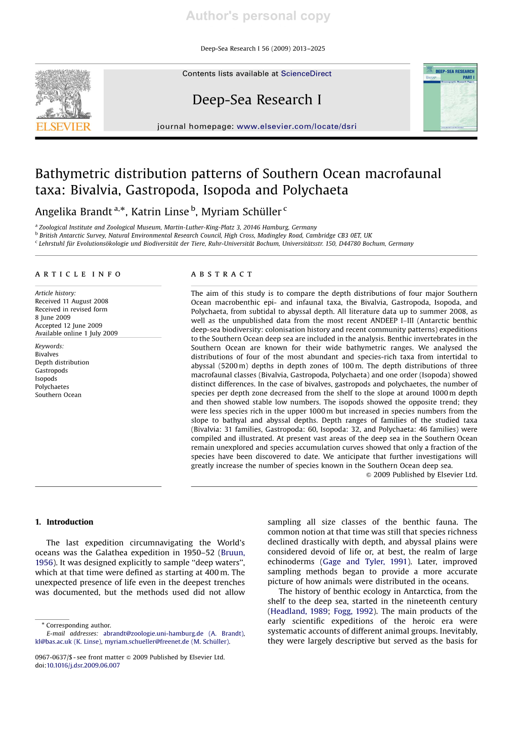 Author's Personal Copy Bathymetric Distribution Patterns of Southern Ocean Macrofaunal Taxa