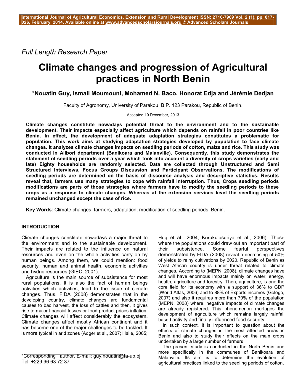 Climate Changes and Progression of Agricultural Practices in North Benin