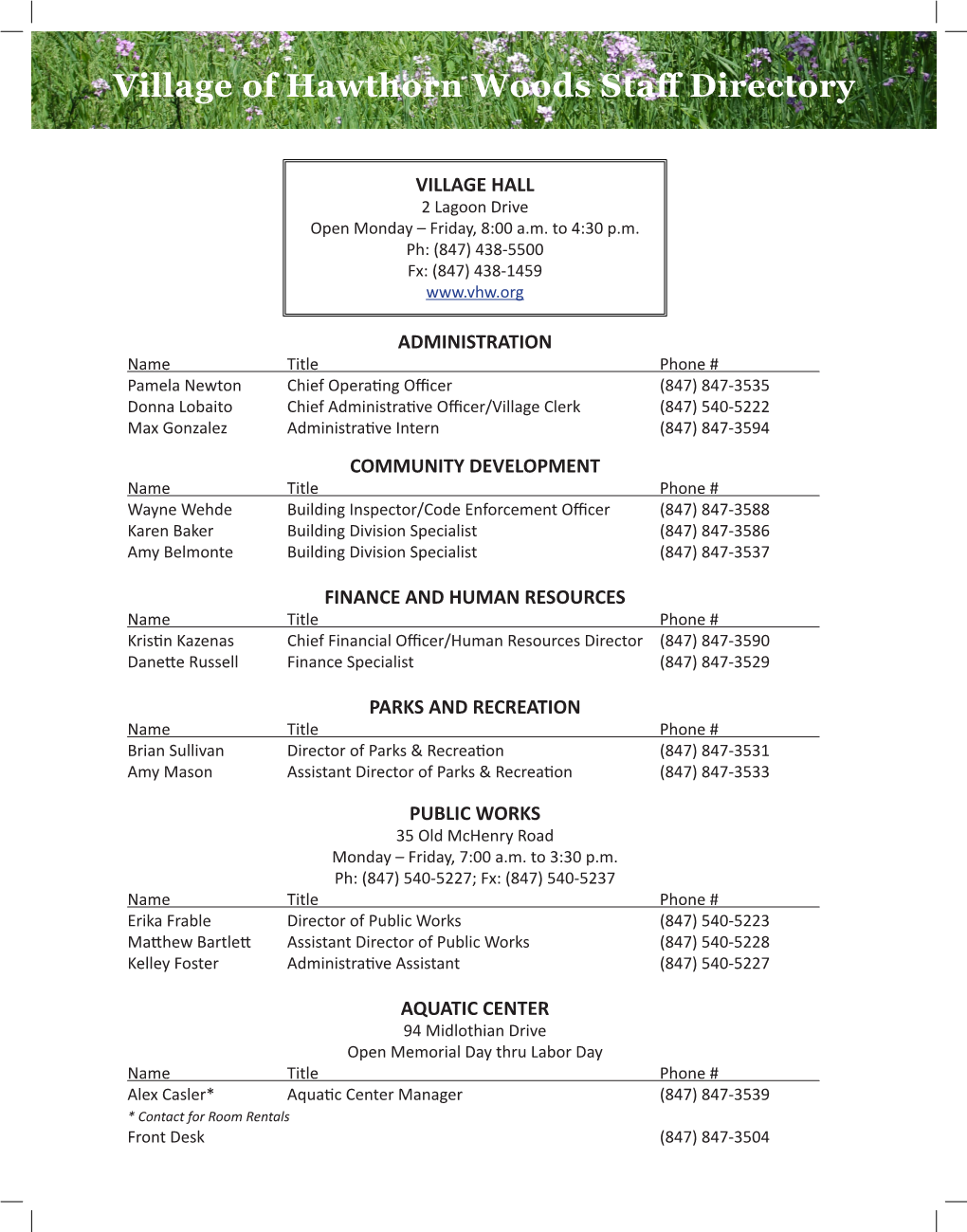 Village of Hawthorn Woods Staff Directory