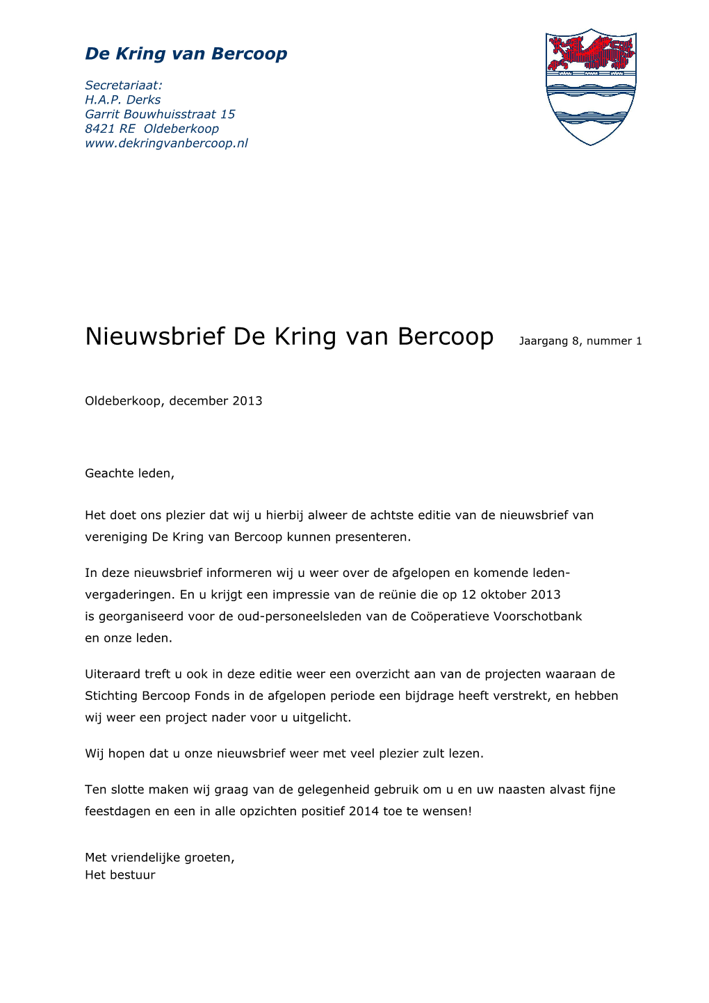 Nieuwsbrief De Kring Van Bercoop Jaargang 8, Nummer 1