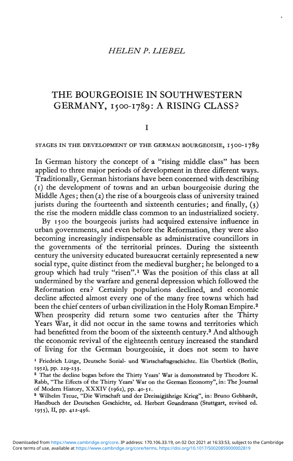 The Bourgeoisie in Southwestern Germany, 1500–1789