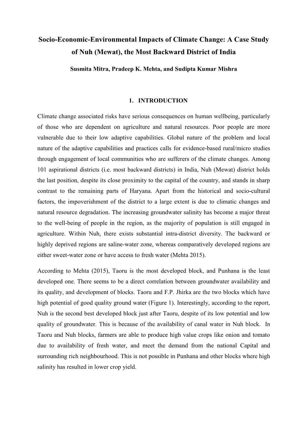 Socio-Economic-Environmental Impacts of Climate Change: a Case Study of Nuh (Mewat), the Most Backward District of India