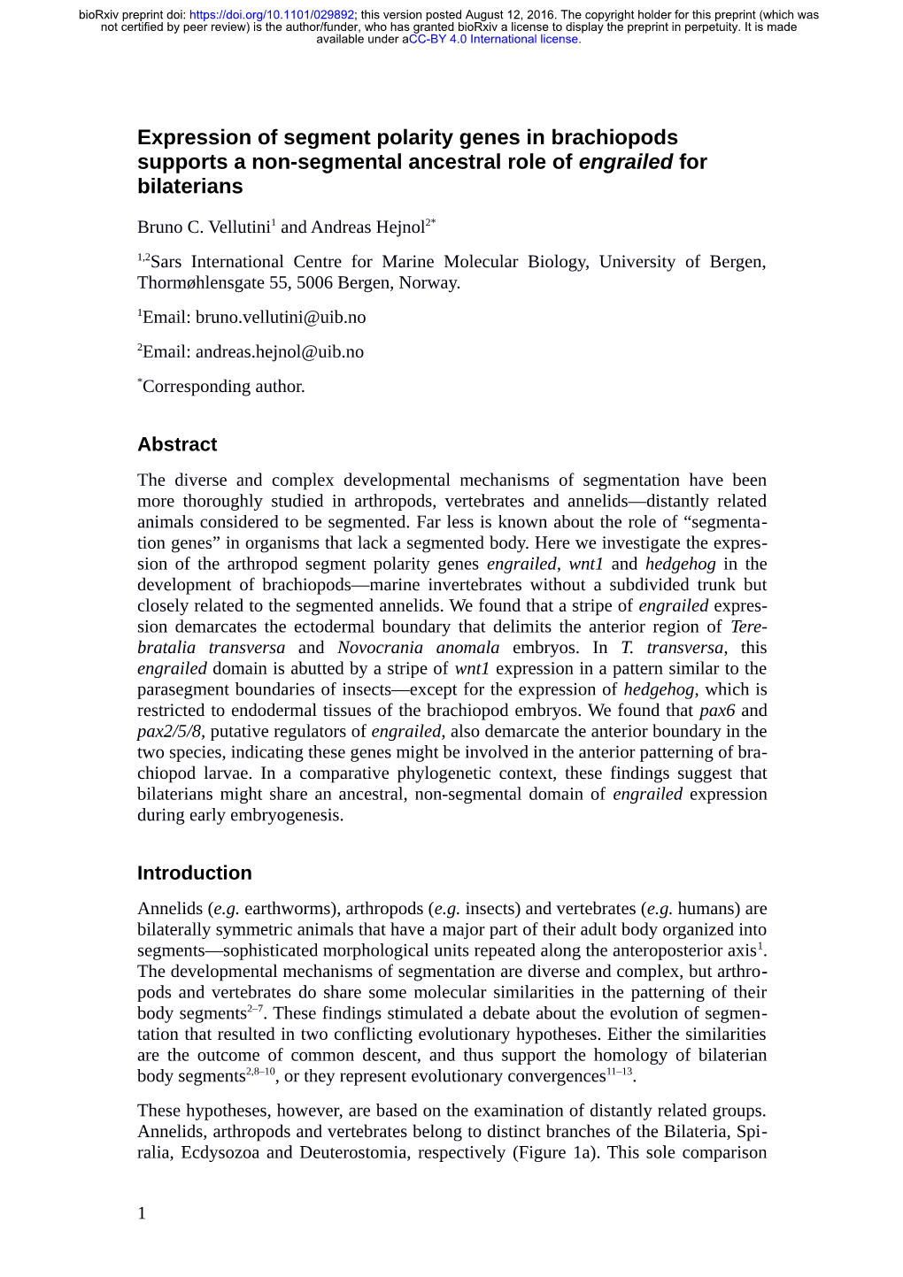 Expression of Segment Polarity Genes in Brachiopods Supports a Non-Segmental Ancestral Role of Engrailed for Bilaterians