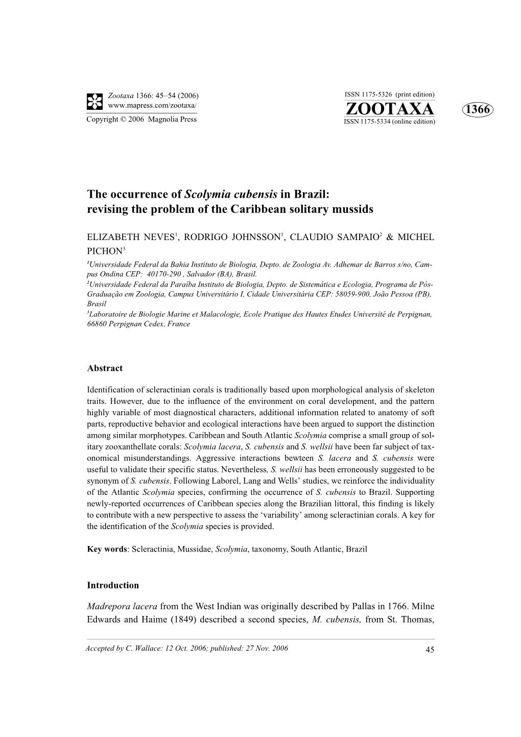 Zootaxa: the Occurrence of Scolymia Cubensis in Brazil