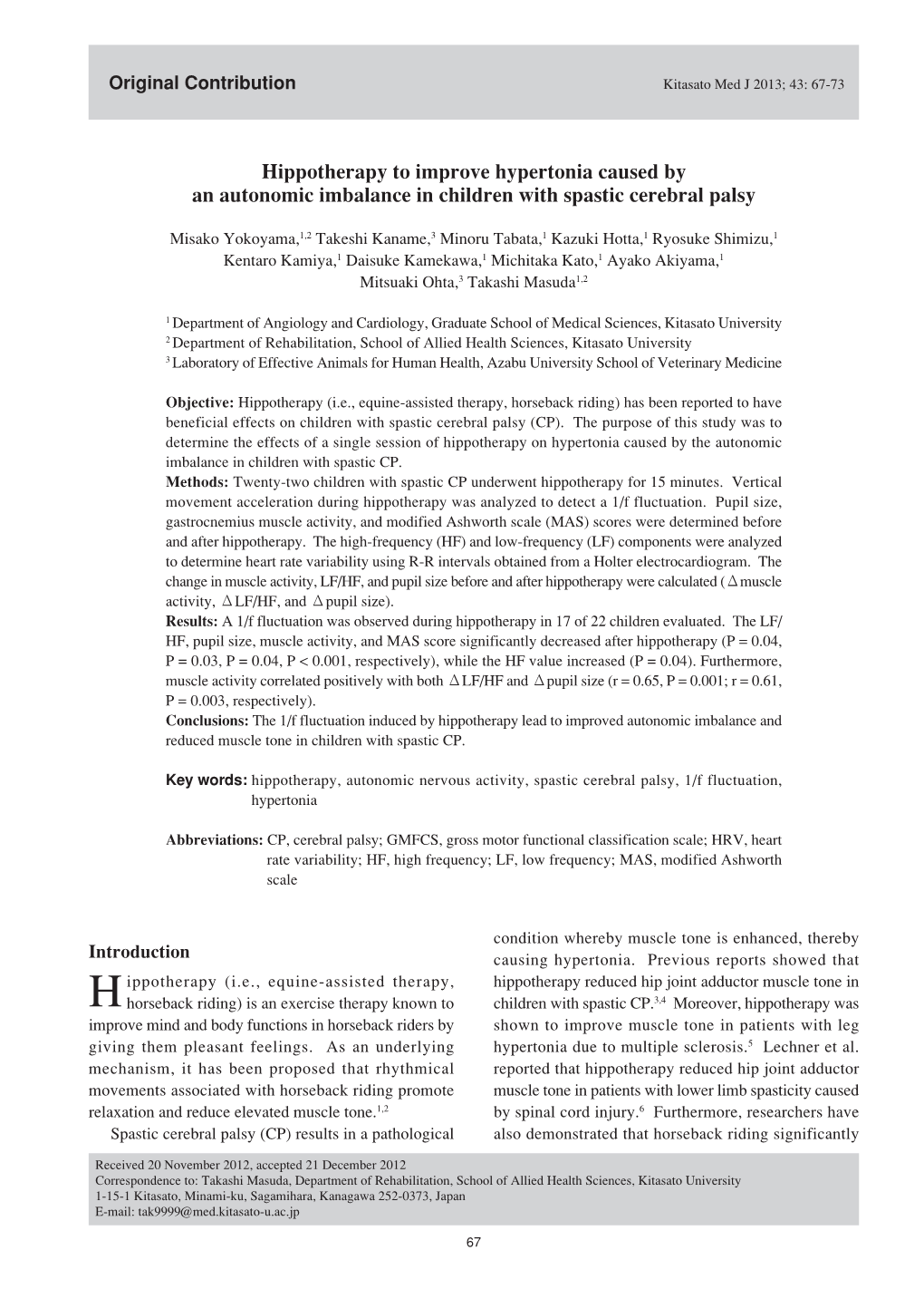 Hippotherapy to Improve Hypertonia Caused by an Autonomic Imbalance in Children with Spastic Cerebral Palsy