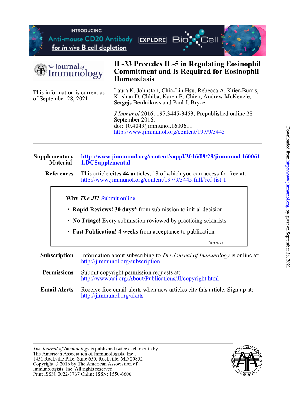 IL-33 Precedes IL-5 in Regulating Eosinophil Commitment and Is Required for Eosinophil Homeostasis