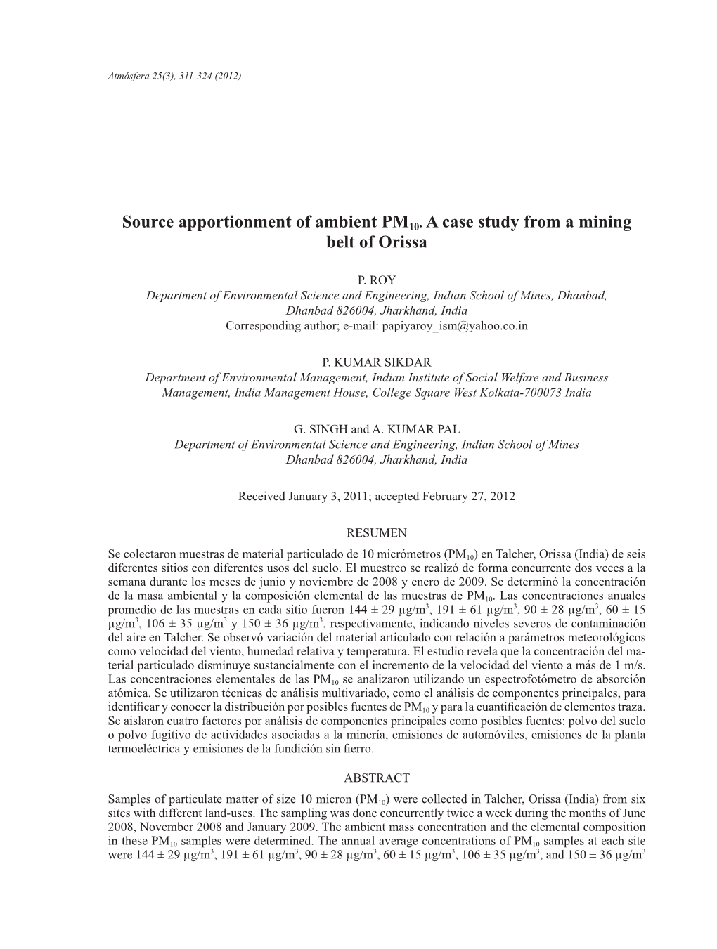 Source Apportionment of Ambient PM10. a Case Study from a Mining Belt of Orissa