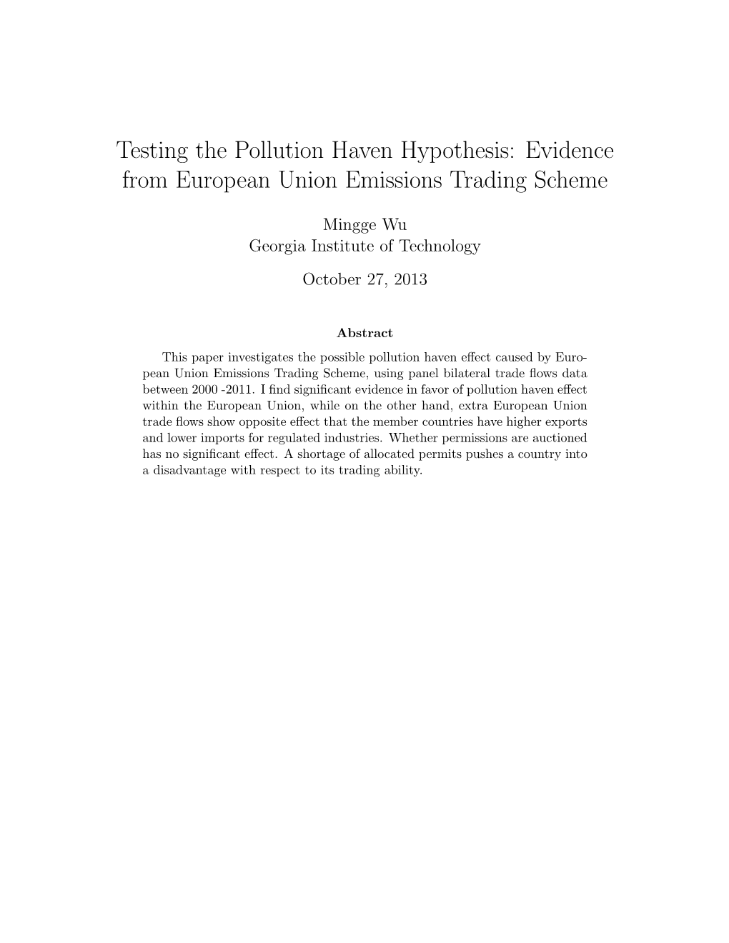 Testing the Pollution Haven Hypothesis: Evidence from European Union Emissions Trading Scheme
