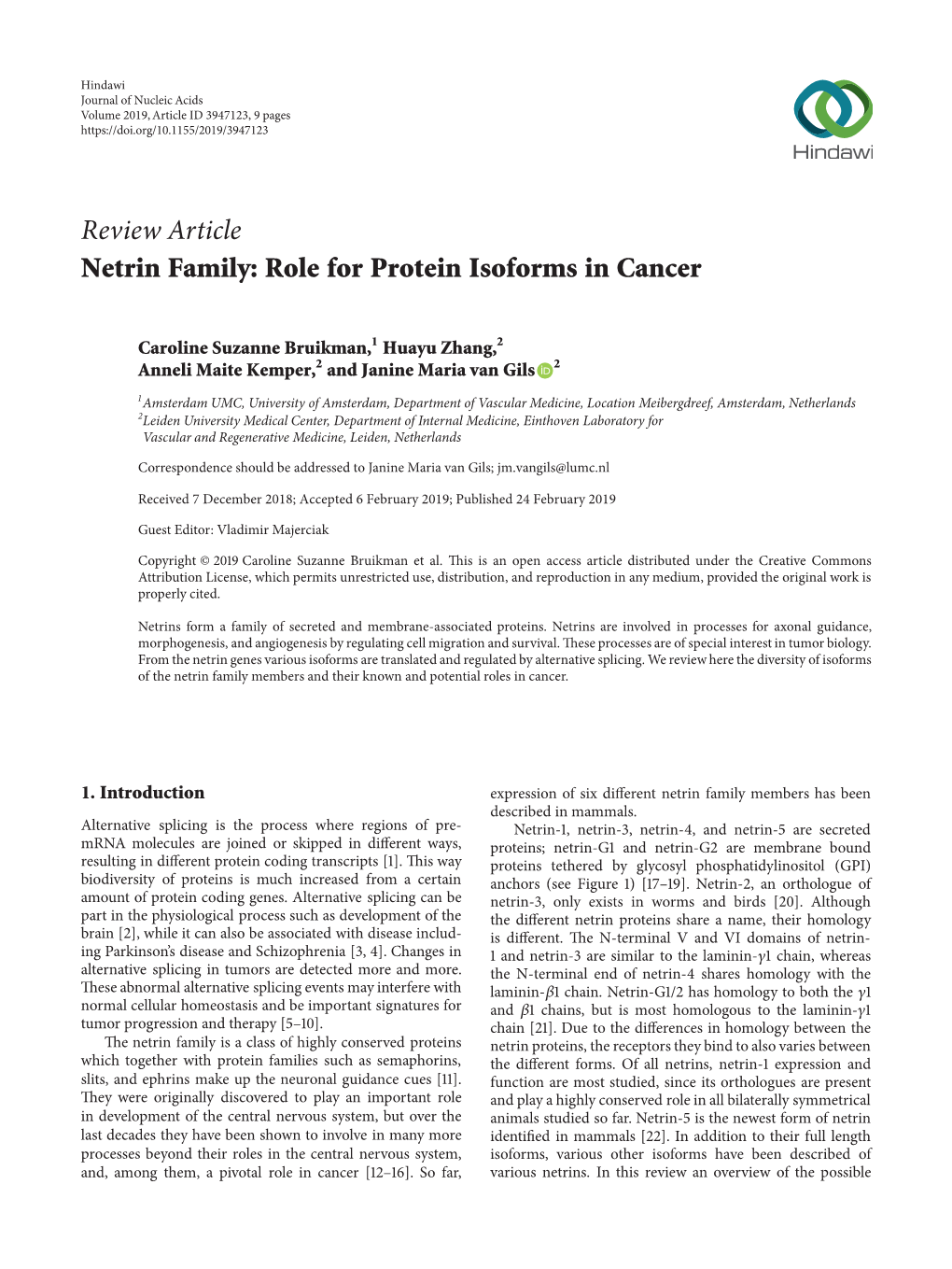 Review Article Netrin Family: Role for Protein Isoforms in Cancer