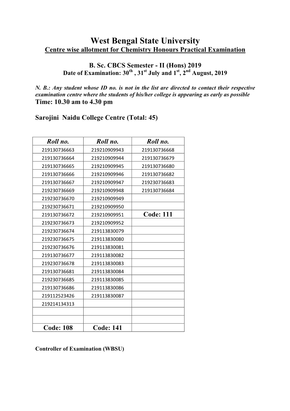 West Bengal State University Centre Wise Allotment for Chemistry Honours Practical Examination