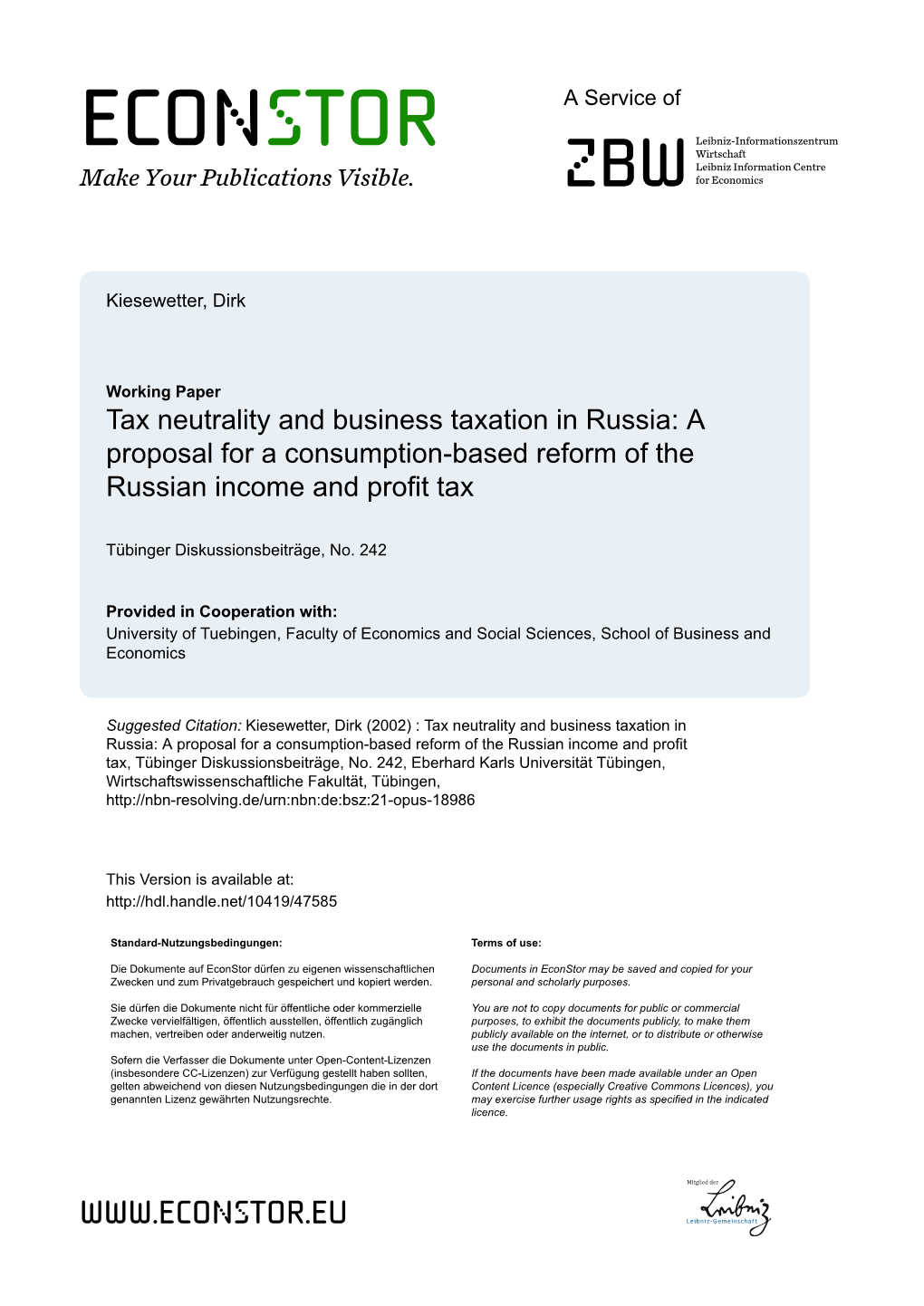 Tax Neutrality and Business Taxation in Russia: a Proposal for a Consumption-Based Reform of the Russian Income and Profit Tax