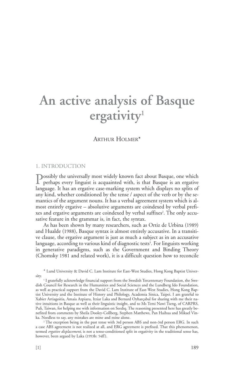 An Active Analysis of Basque Ergativity1