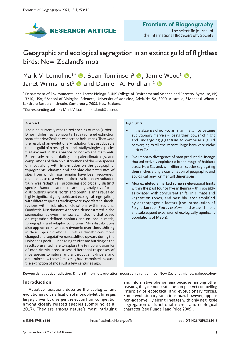 Geographic and Ecological Segregation in an Extinct Guild of Flightless Birds: New Zealand’S Moa