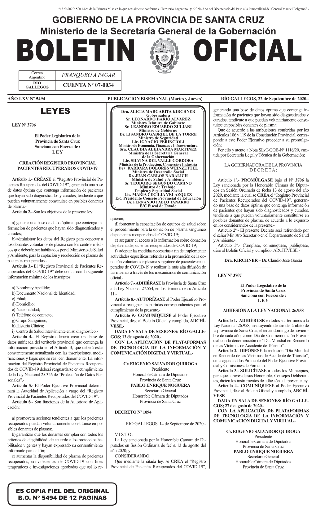 BOLETIN OFICIAL Correo Argentino FRANQUEO a PAGAR RIO GALLEGOS CUENTA Nº 07-0034