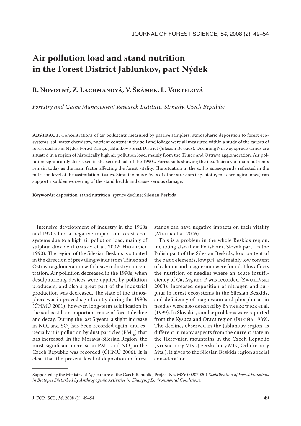 Air Pollution Load and Stand Nutrition in the Forest District Jablunkov, Part Nýdek