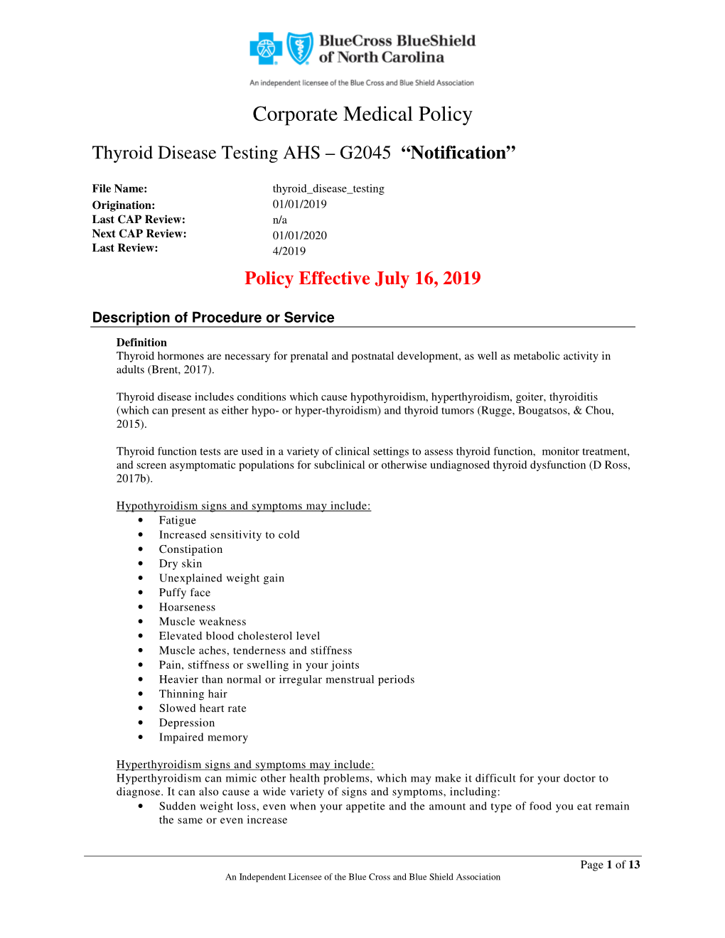 Corporate Medical Policy Thyroid Disease Testing AHS – G2045 “Notification”