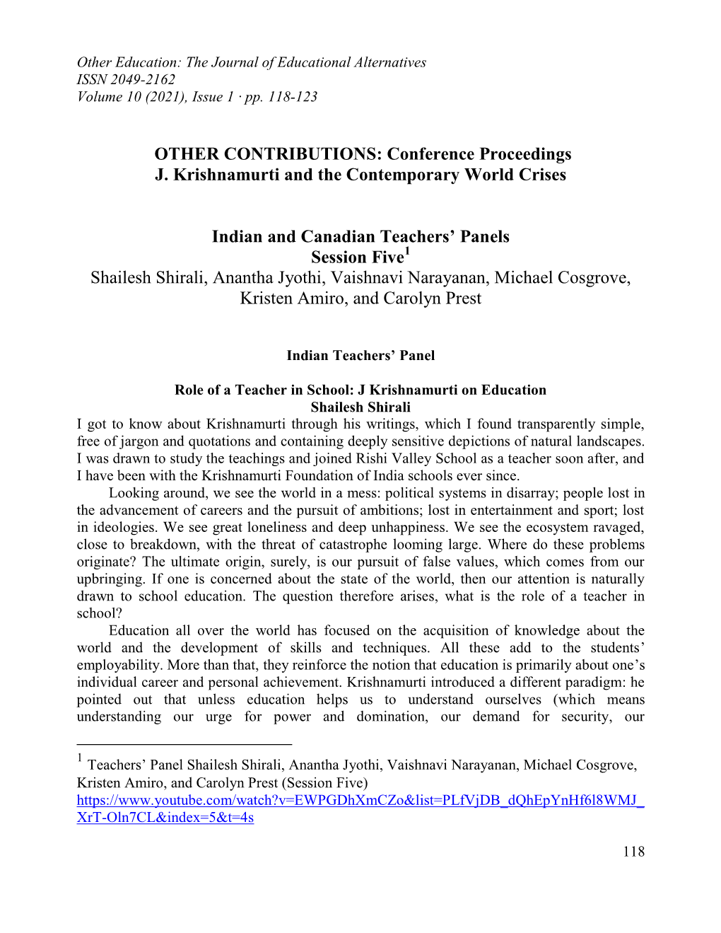 Conference Proceedings J. Krishnamurti and the Contemporary World Crises Indian and Canadian Teachers' Pa