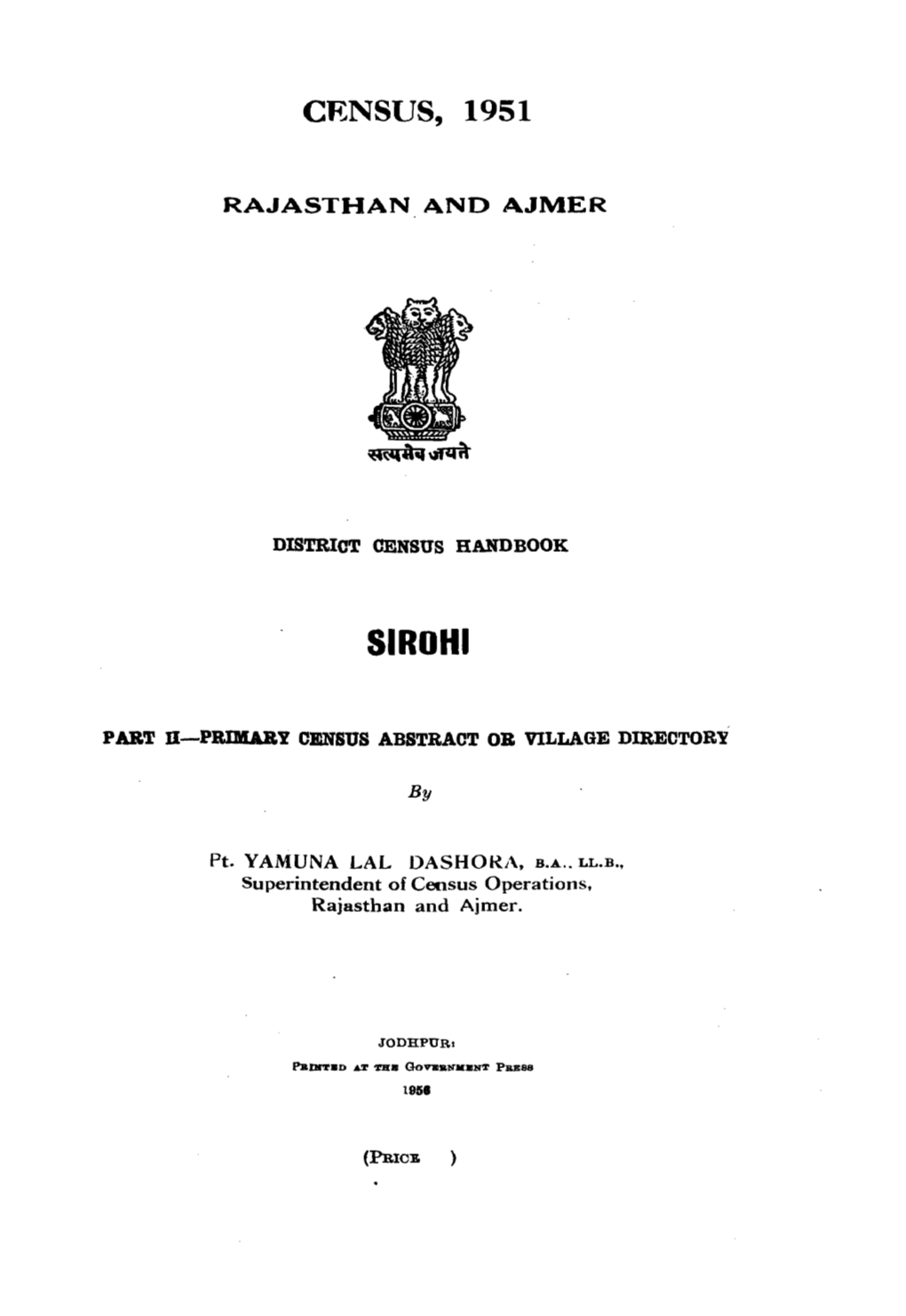 District Census Handbook, Sirohi, Part II, Rajasthan and Ajmer
