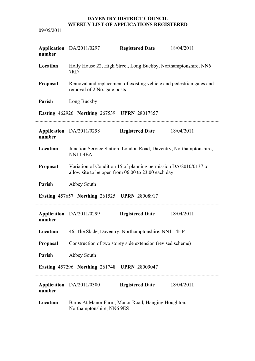 DAVENTRY DISTRICT COUNCIL WEEKLY LIST of APPLICATIONS REGISTERED 09/05/2011 Application Number DA/2011/0297 Registered Date 18/0