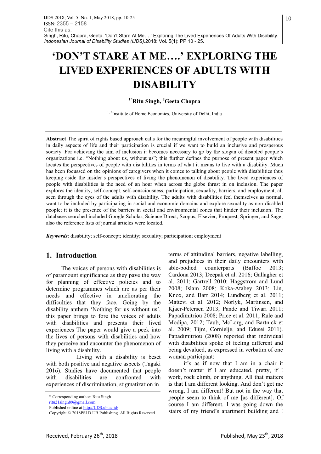 Exploring the Lived Experiences of Adults with Disability