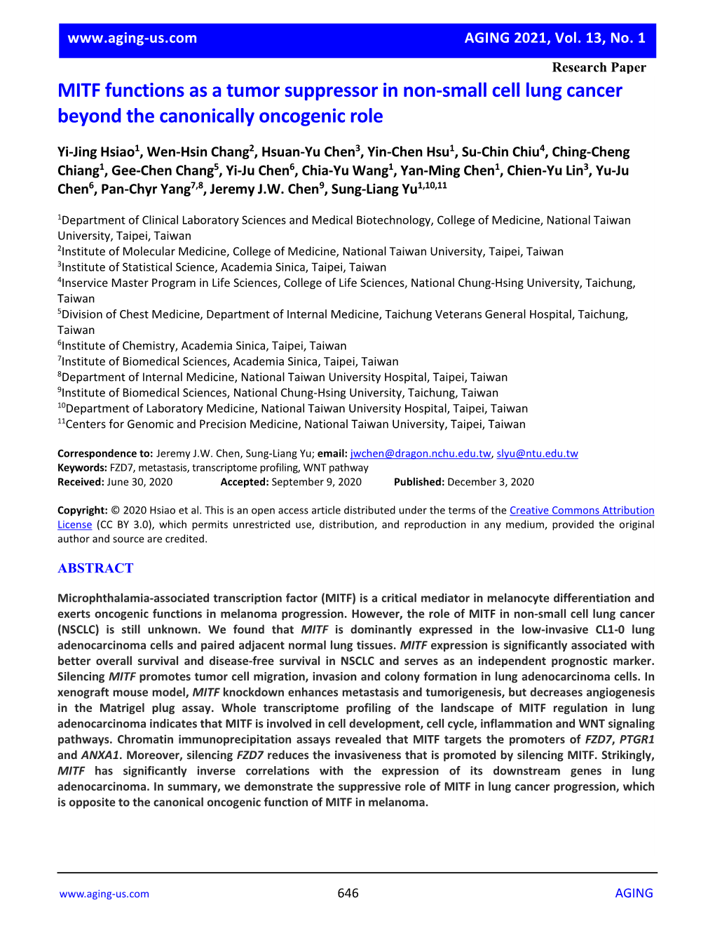 MITF Functions As a Tumor Suppressor in Non-Small Cell Lung Cancer Beyond the Canonically Oncogenic Role