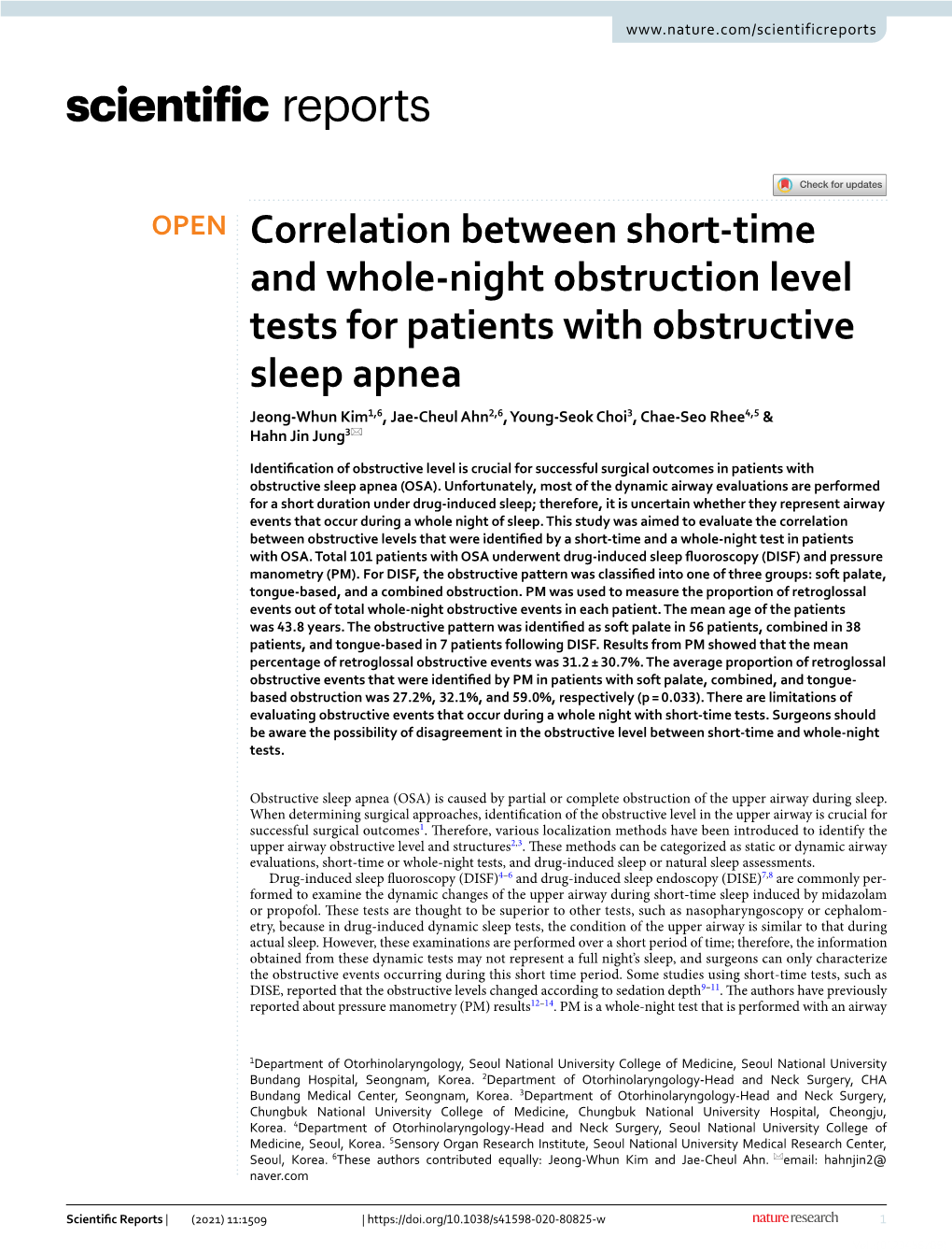 Correlation Between Short-Time and Whole-Night Obstruction Level Tests for Patients with Obstructive Sleep Apnea