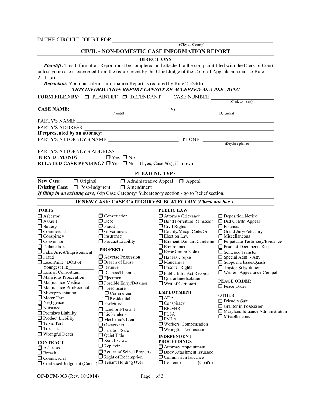 Circuit Court -- Civil Non-Domestic Case Information Report Form