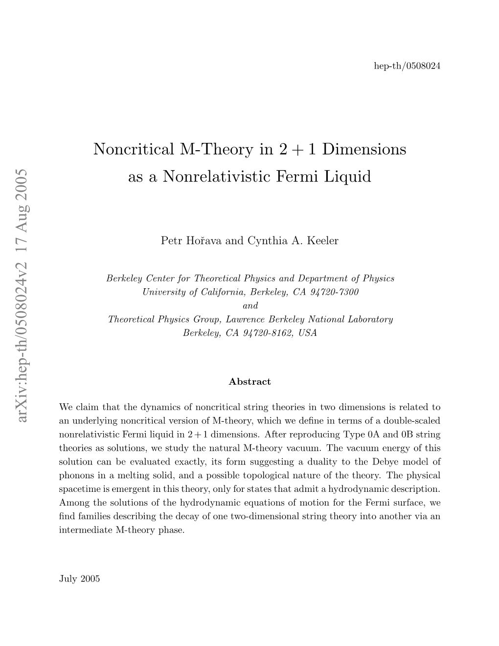 Noncritical M-Theory in 2+ 1 Dimensions As a Nonrelativistic