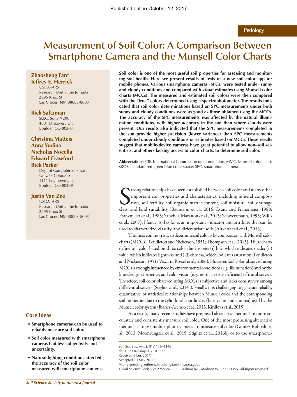 Measurement of Soil Color: a Comparison Between Smartphone Camera and the Munsell Color Charts