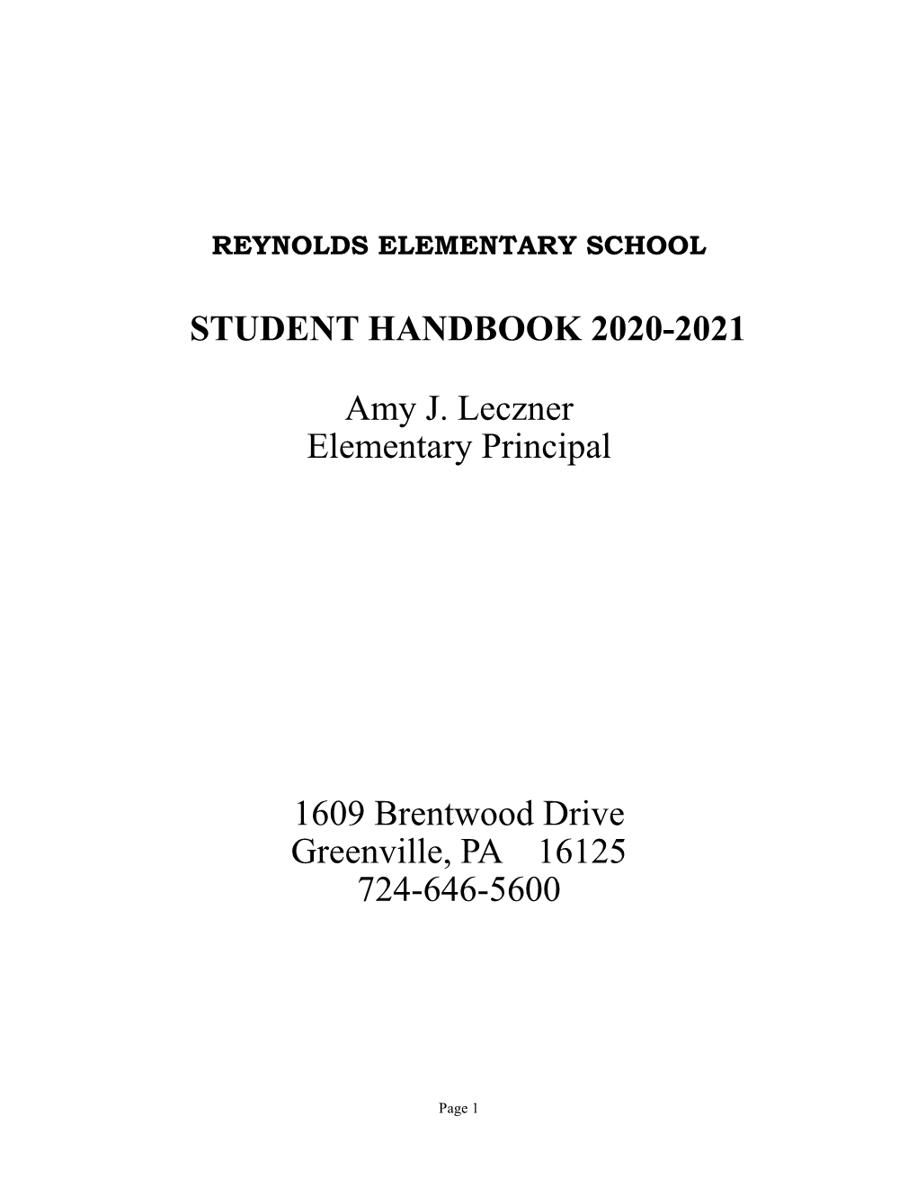 STUDENT HANDBOOK 2020-2021 Amy J. Leczner Elementary