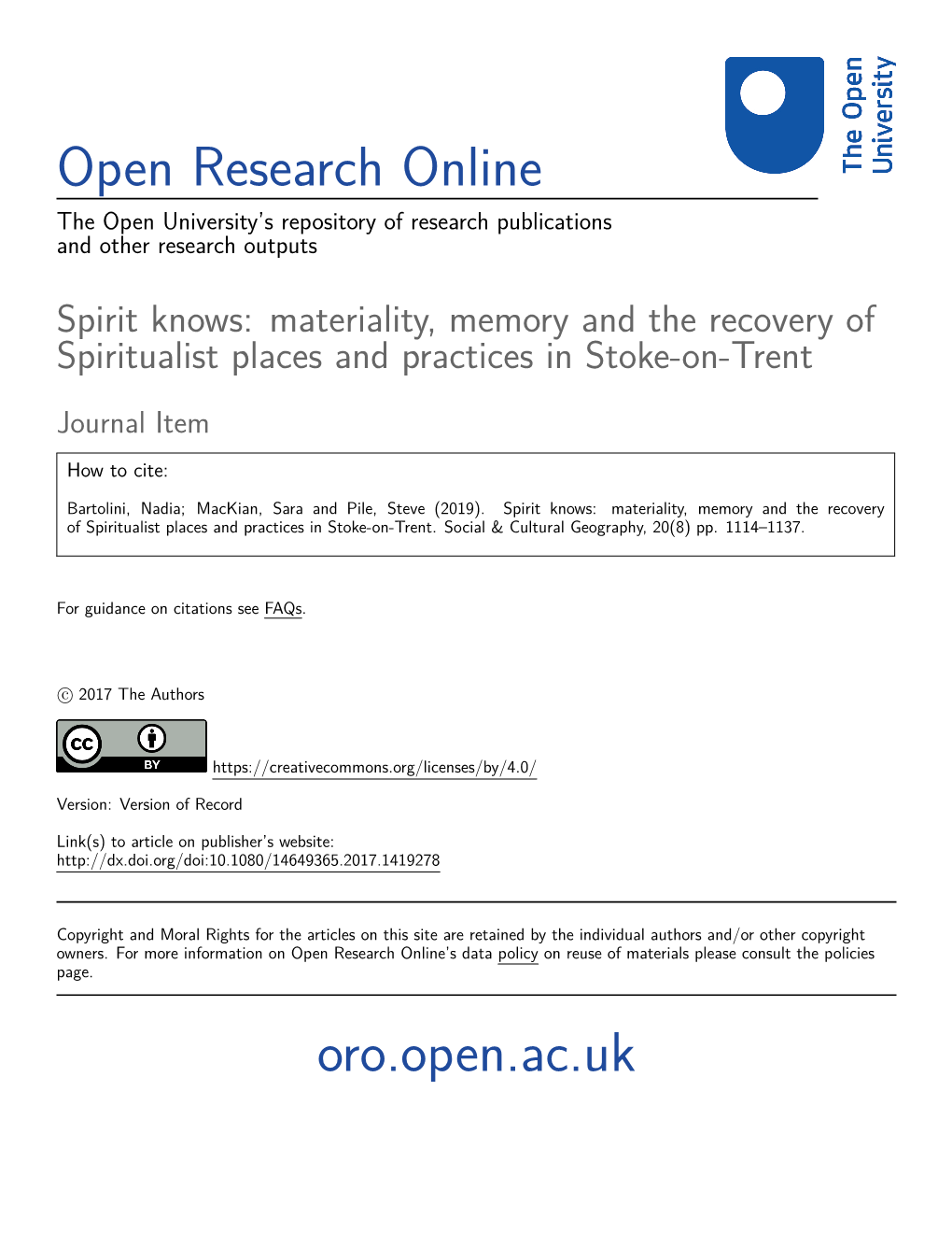 Spirit Knows: Materiality, Memory and the Recovery of Spiritualist Places and Practices in Stoke-On-Trent