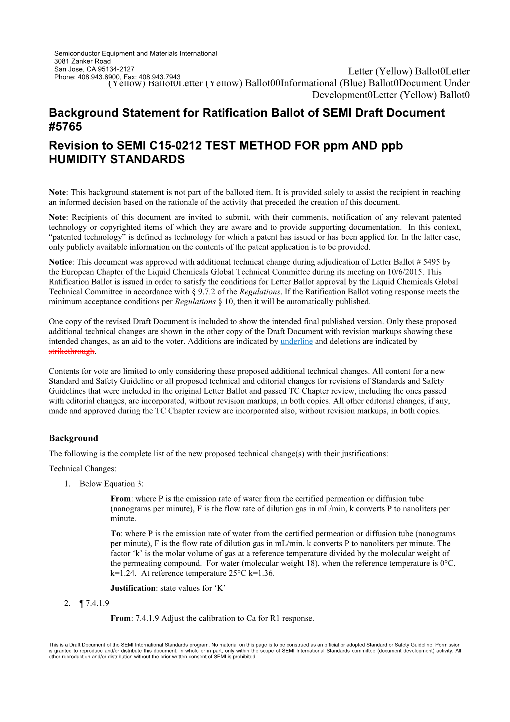 Background Statement for Ratification Ballot of SEMI Draft Document #5765