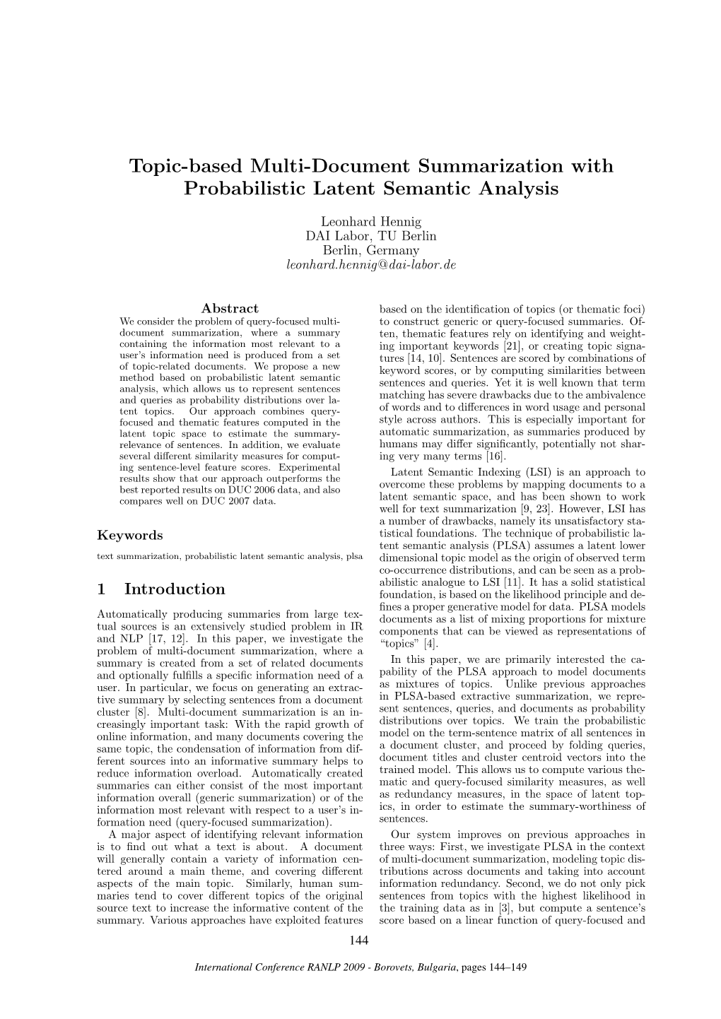 Topic-Based Multi-Document Summarization with Probabilistic Latent Semantic Analysis