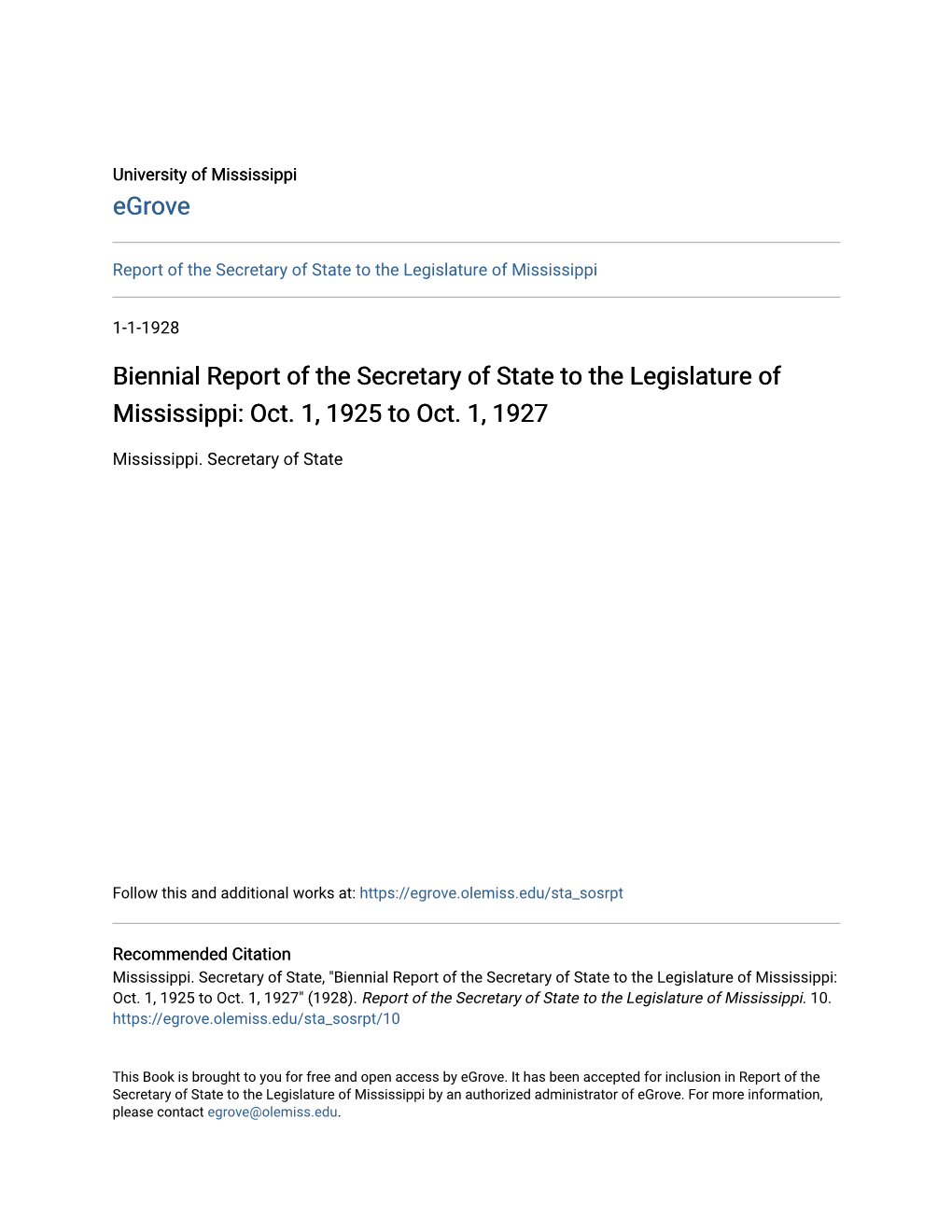 Biennial Report of the Secretary of State to the Legislature of Mississippi: Oct