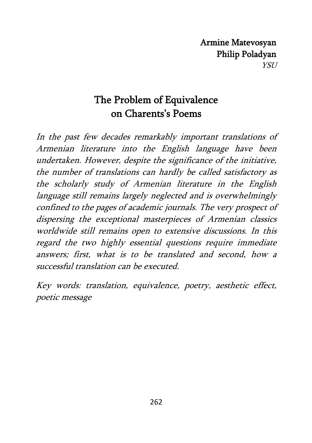 The Problem of Equivalence on Charents's Poems