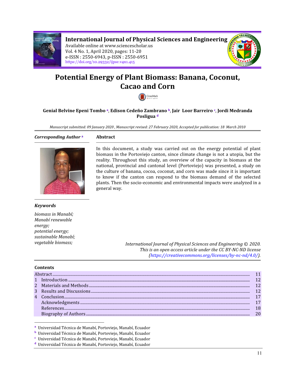 Potential Energy of Plant Biomass: Banana, Coconut, Cacao and Corn