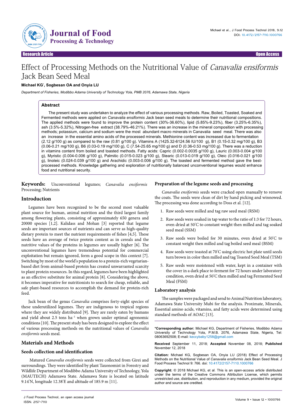 Effect of Processing Methods on the Nutritional Value of Canavalia