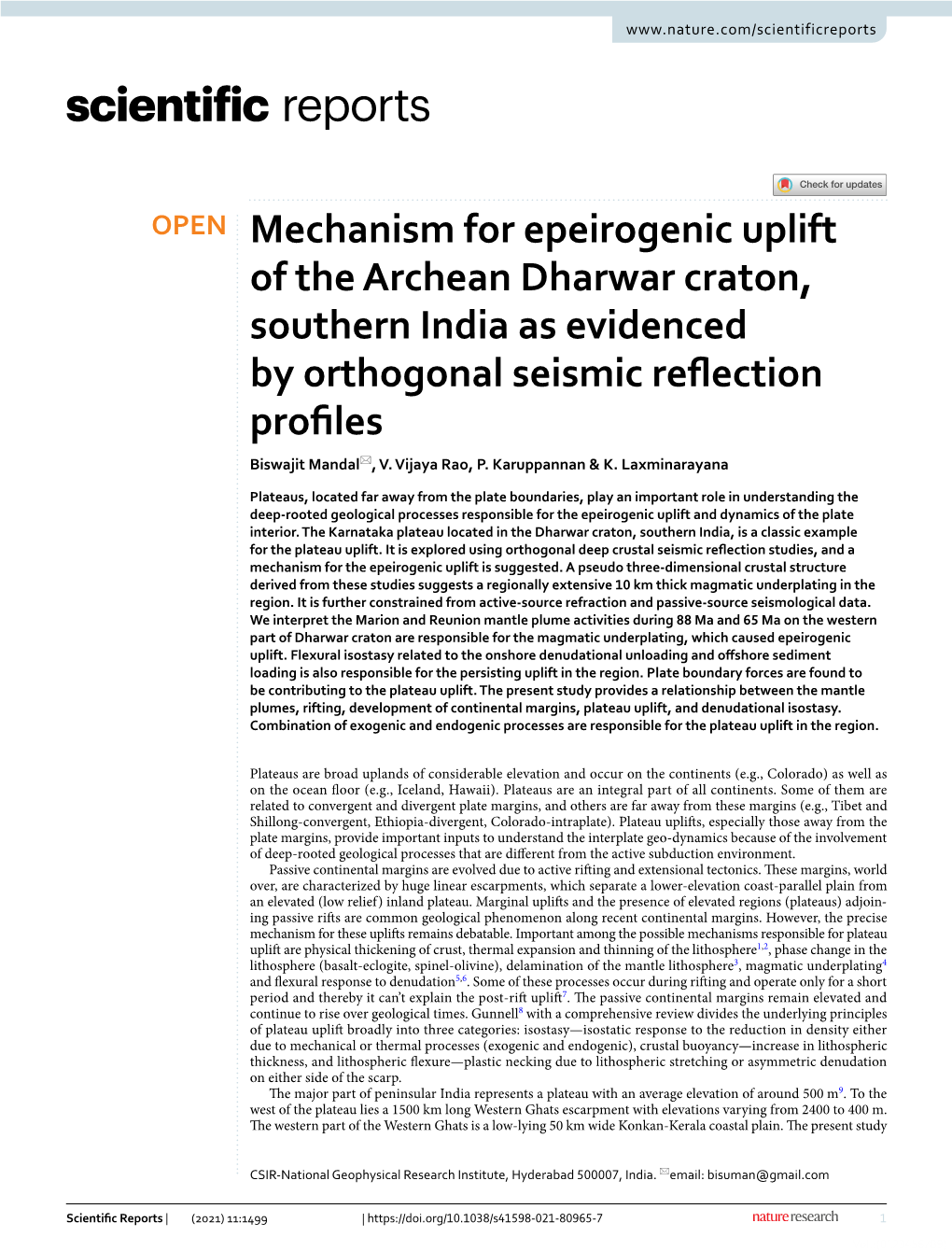 Mechanism for Epeirogenic Uplift of the Archean Dharwar Craton, Southern India As Evidenced by Orthogonal Seismic Refection Profles Biswajit Mandal*, V