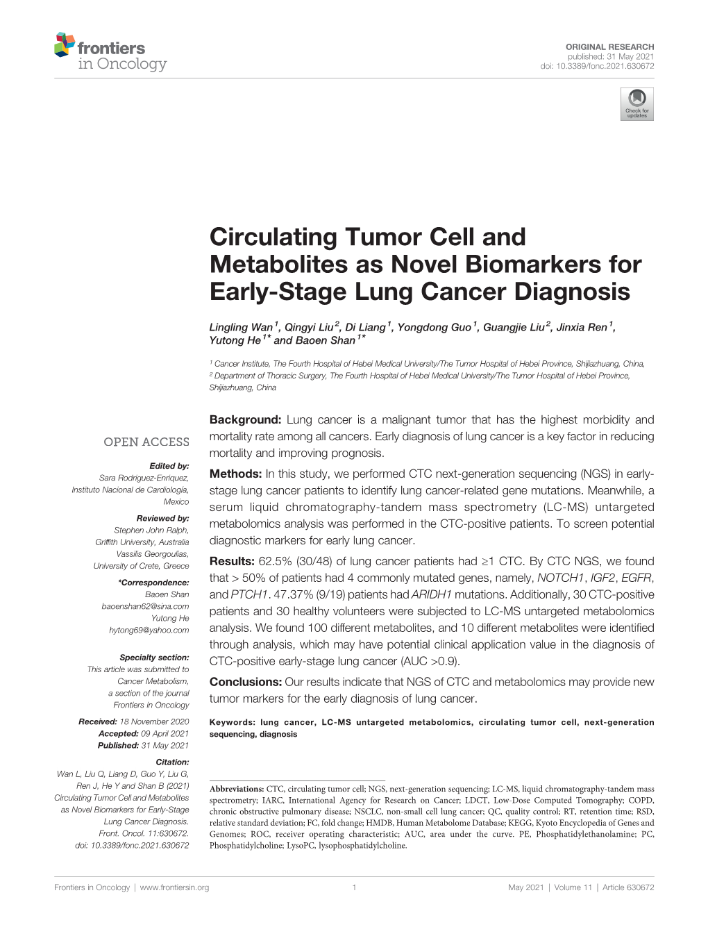 Circulating Tumor Cell and Metabolites As Novel Biomarkers for Early-Stage Lung Cancer Diagnosis