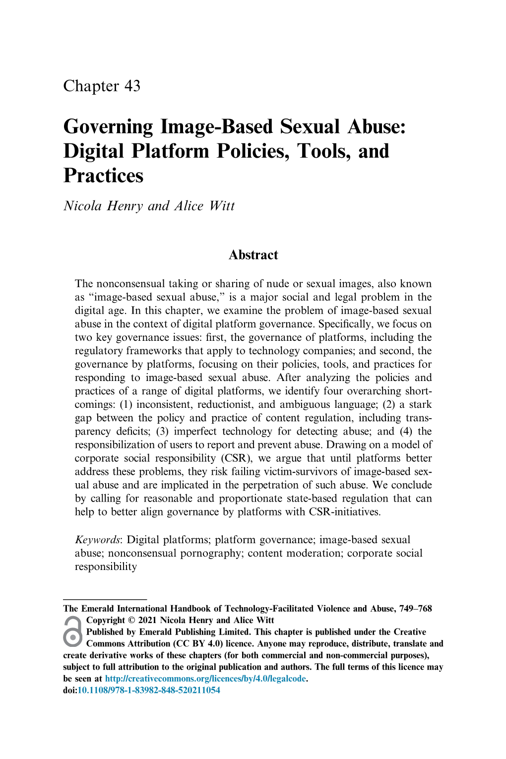 Governing Image-Based Sexual Abuse: Digital Platform Policies, Tools, and Practices Nicola Henry and Alice Witt