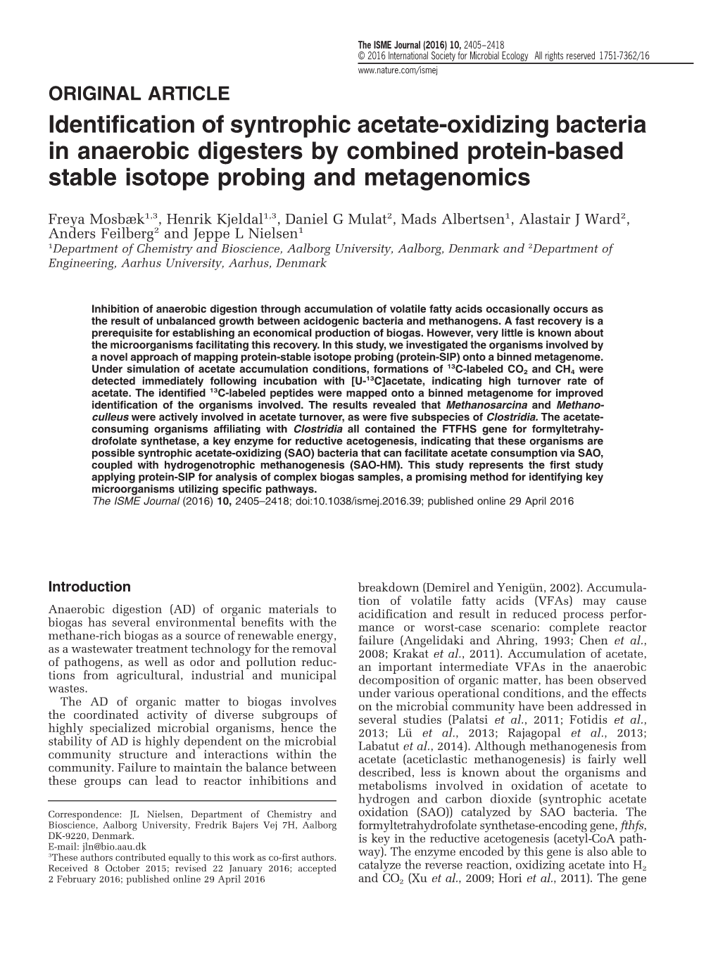 Identification of Syntrophic Acetate-Oxidizing Bacteria in Anaerobic Digesters by Combined Protein-Based Stable Isotope Probing and Metagenomics