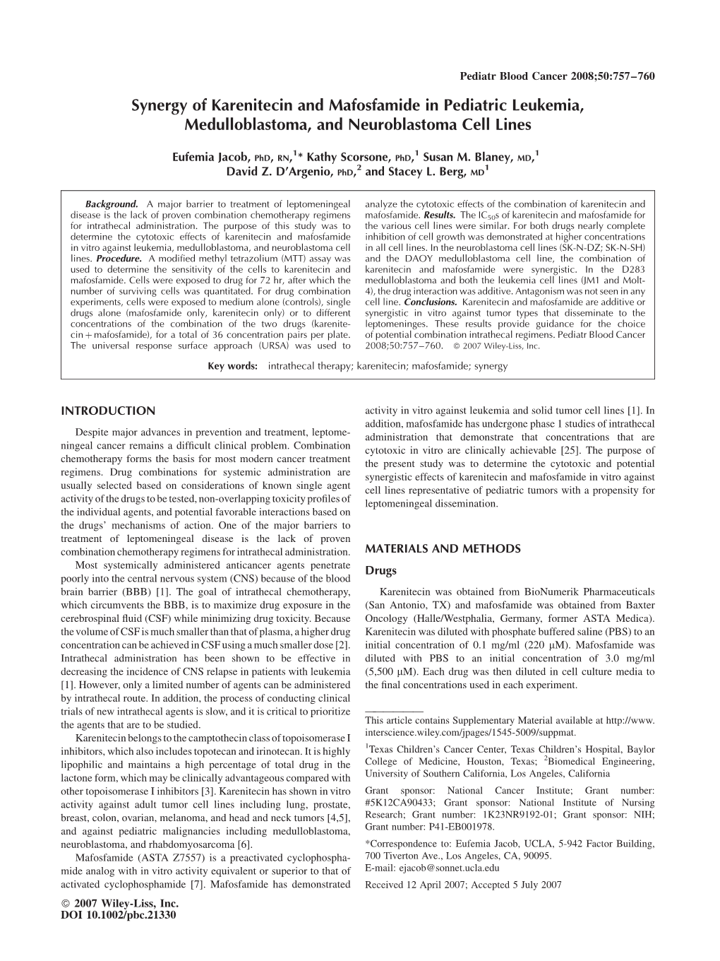 Synergy of Karenitecin and Mafosfamide in Pediatric Leukemia, Medulloblastoma, and Neuroblastoma Cell Lines