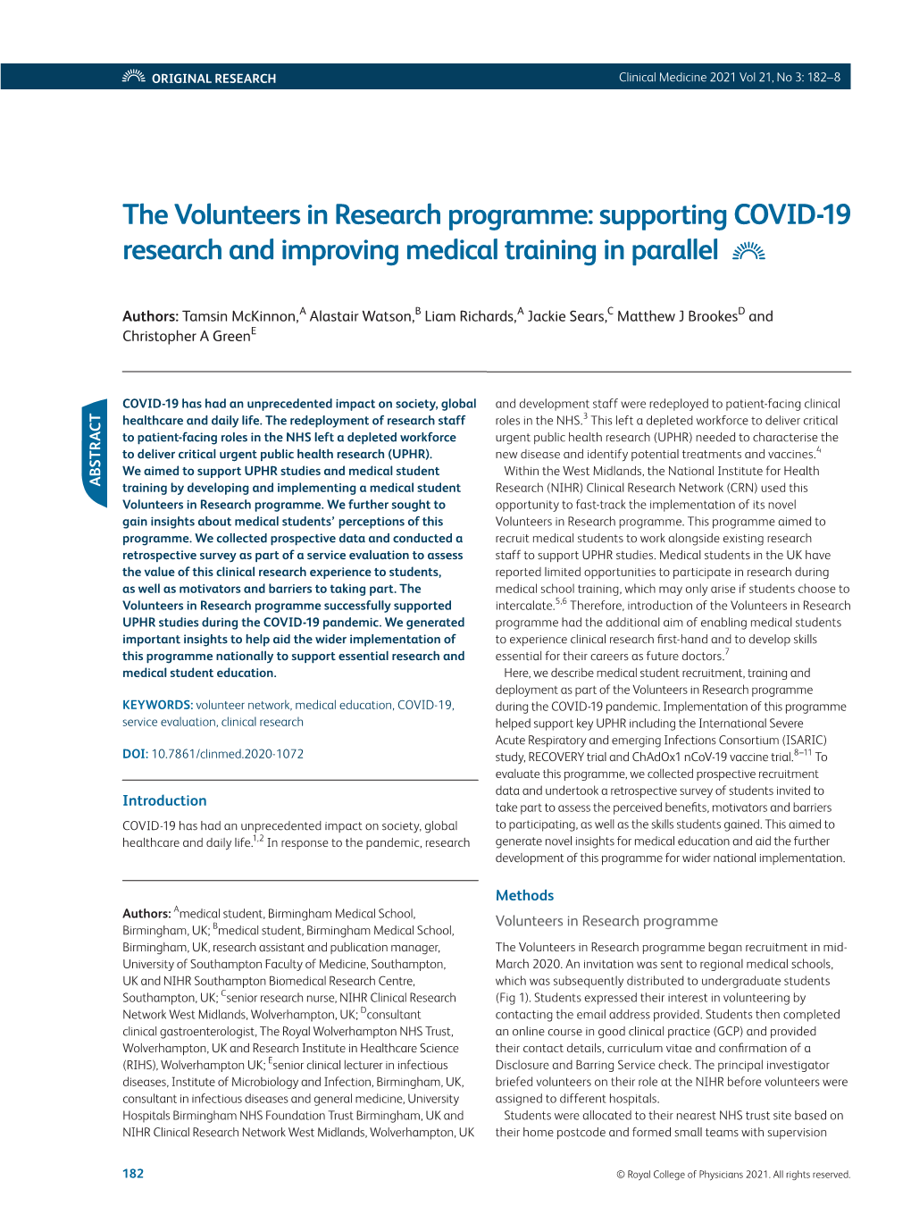 The Volunteers in Research Programme: Supporting COVID-19 Research and Improving Medical Training in Parallel