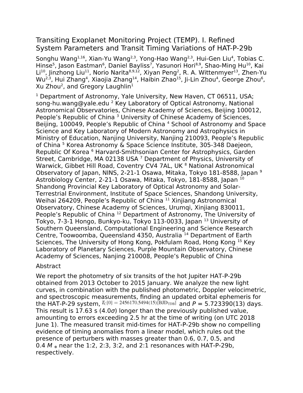 I. Refined System Parameters and Transit Timing Variations of HAT-P-29B Songhu Wang1,16, Xian-Yu Wang2,3, Yong-Hao Wang2,3, Hui-Gen Liu4, Tobias C