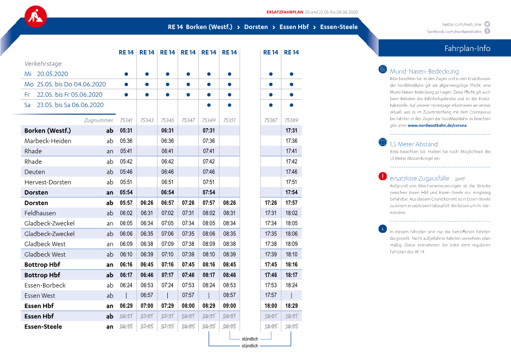 Fahrplan-Info Verkehrstage Mi 20.05.2020 Mund-Nasen-Bedeckung Bitte Beachten Sie: in Den Zügen Und in Den Ersatzbussen Mo 25.05