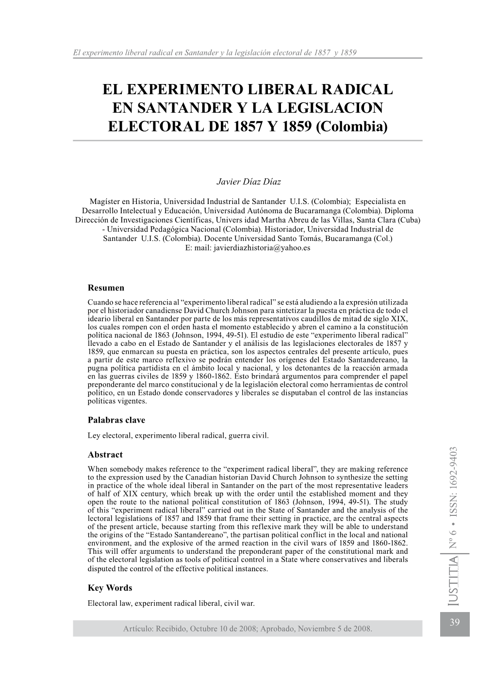 EL EXPERIMENTO LIBERAL RADICAL EN SANTANDER Y LA LEGISLACION ELECTORAL DE 1857 Y 1859 (Colombia)