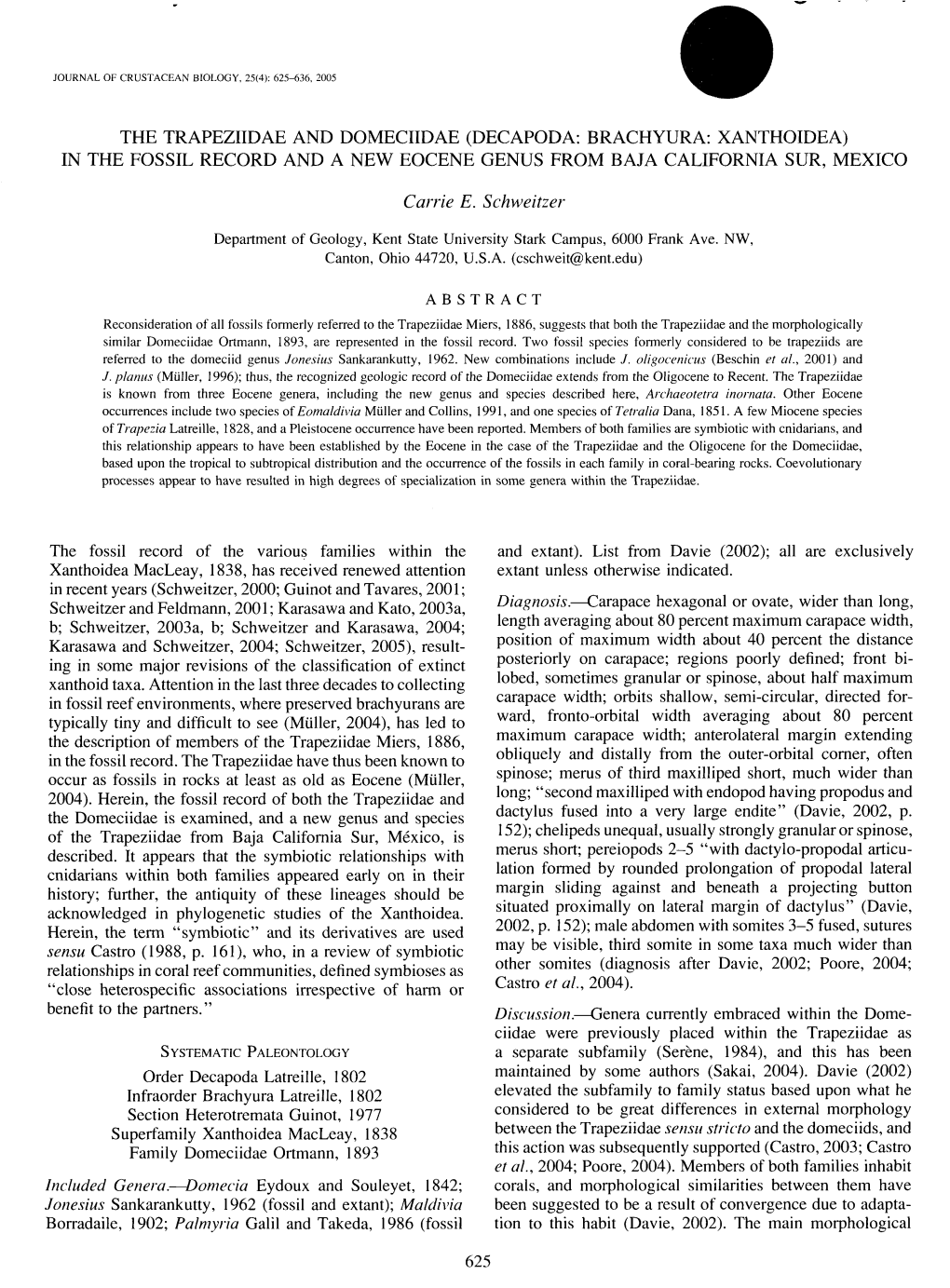 Decapoda: Brachyura: Xanthoidea) in the Fossil Record and a New Eocene Genus from Baja California Sur, Mexico